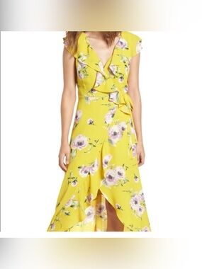 Leith Yellow Floral High-Low Wrap Dress